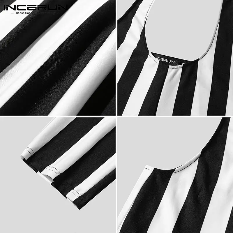INCERUN New Men Fashion Onesies All-match Simple Black&white Stripes Sleeveless Pants Suspender Trousers Casual Jumpsuits S-5XL