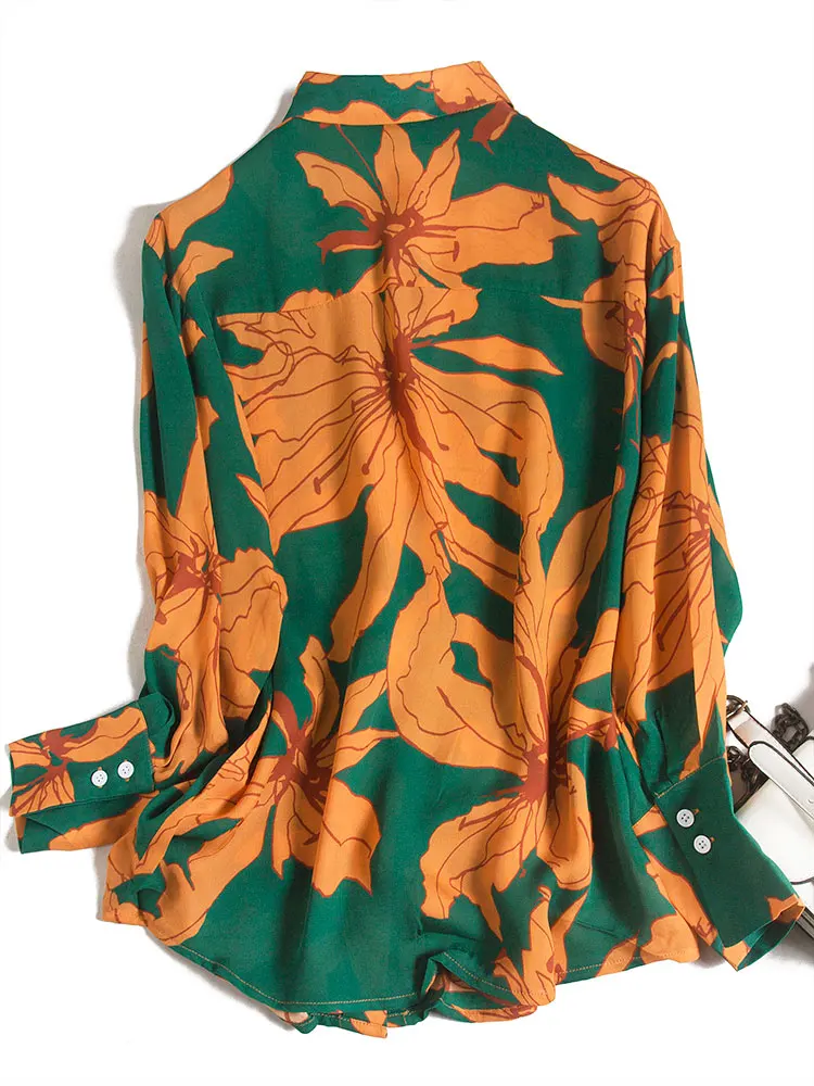 

Shuchan Ptint Long Sleeve Shirt Women Natural Silk Blusas Mujer De Moda 2021 Verano Elegantes Fashion Turn-down Collar