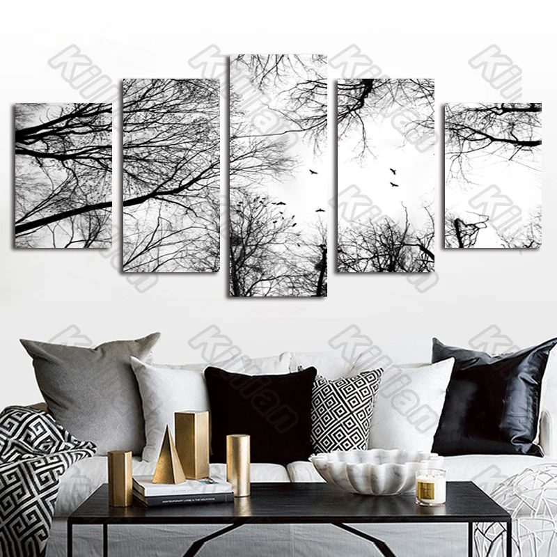 

Scenery Style Mural Canvas Paintings Modular Bed Home Decor Prints 5 Pieces Dead Wood Bird Decoration Living Room Wall Fresco