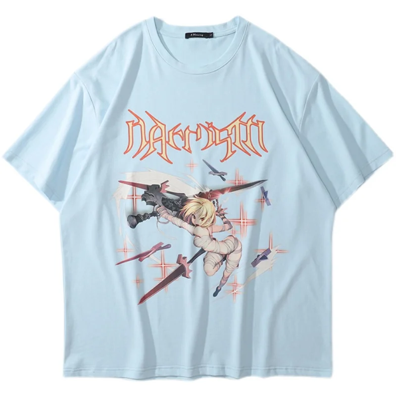 

Футболка мужская оверсайз в стиле хип-хоп, уличная одежда в стиле Харадзюку, с мультяшным принтом ангела, футболка с коротким рукавом для па...