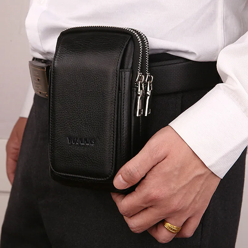 

Genuine Leather belt men small waist hip bag mobile phone portable pouch Coffee zipper bank card holder purse belt waist packbag