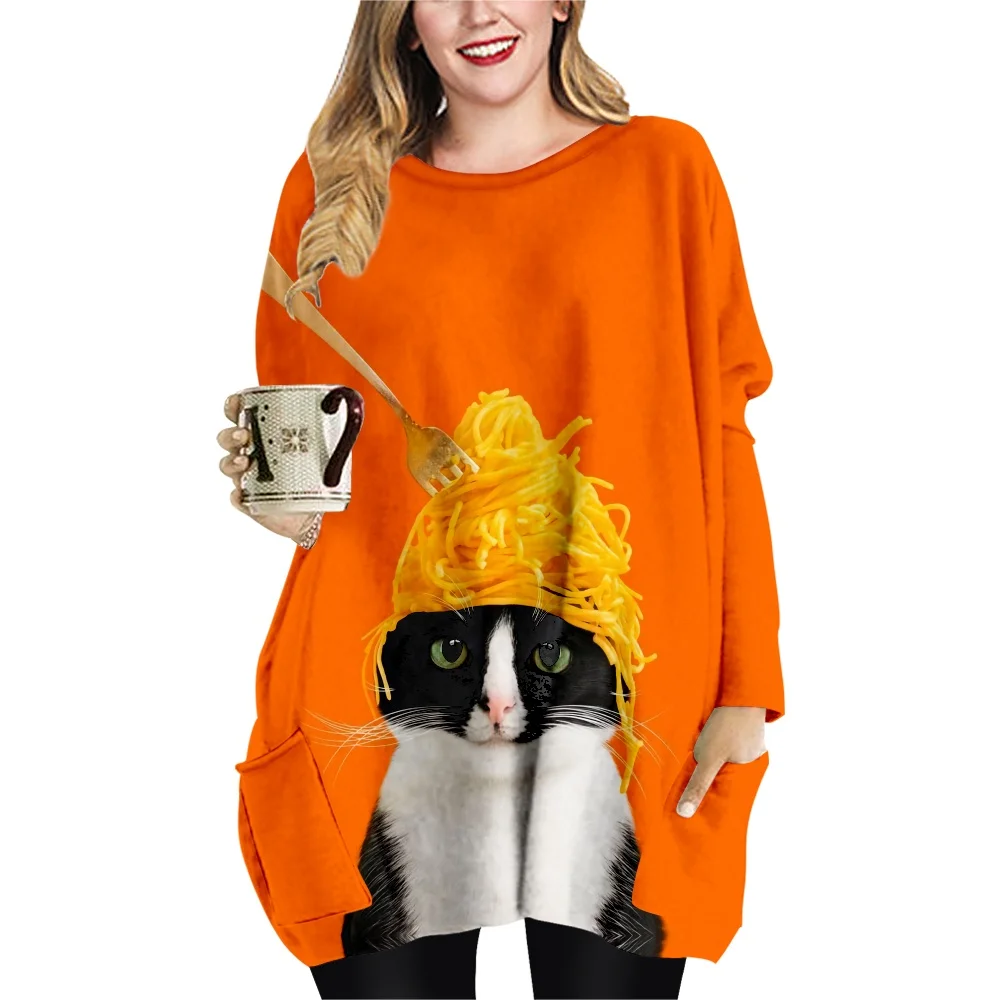 

Plus-size For Women Dress Loose Cat Print Mini Dresses Sexy O-neck Long Sleeve Dresses Oversize Tops Beach Dresses Blouse