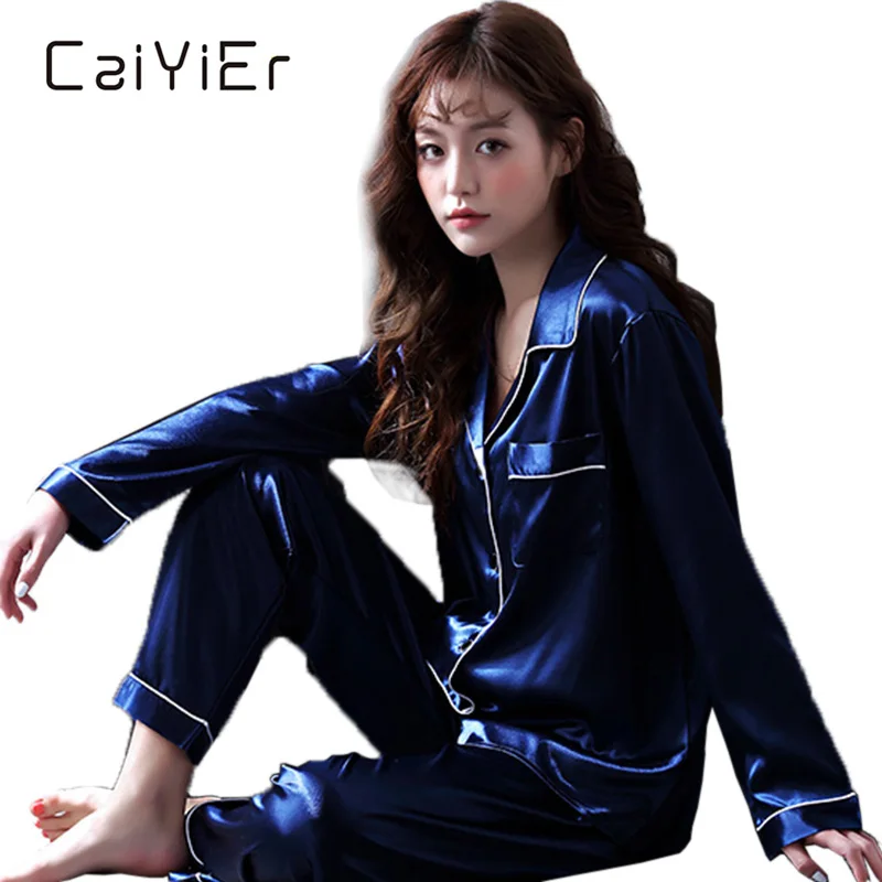 CAIYIER Soild Silk Satin Pajamas Set Blue Sexy Turn-down Collar Sleepwear For Women Long Sleeve Nightwear Winter Loungewear M-2L