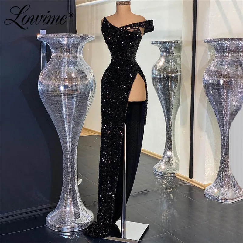 

Robe De Soiree Hot Sexy High Split Side Black Party Dresses 2021 Plus Size Cheap Sequins Celebrity Long Dresses Evening Gowns