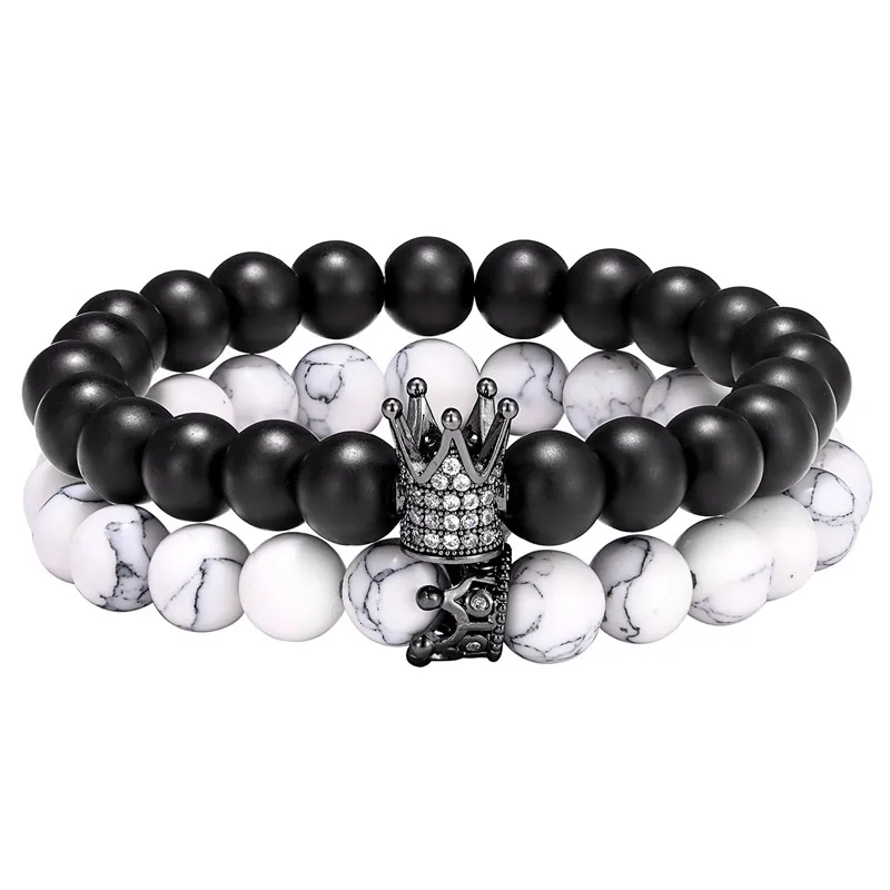 

2pcs / set King Crown bracelet away for couples Natural stone beaded bracelet for men women friend gift Charm Strand Jewelry