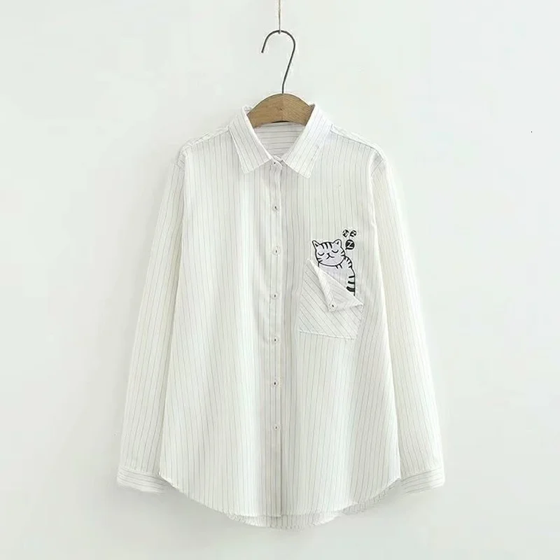 Большие размеры Женская белая блузка в полоску длинный рукав кот каштан Женские