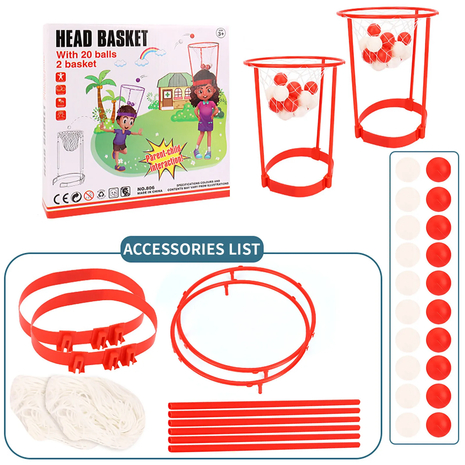 Баскетбольная игрушка-обруч на голову регулируемая корзина с сетчатым мячом для