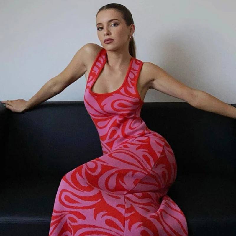 

Summer Dresses For Women 2021 Sleeveless High Waist Red Knitted Sexy Backless wrap Split Fork Dress Robe Fashion Clothes