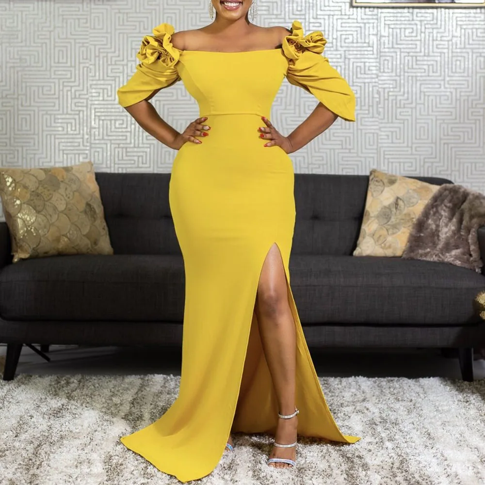 

Nice Elegant Dress Woman Plus Size Yellow Floor Length Maxi Vestidos Sexy Party Night Club Evening 3XL Party Off Shoulder Dress