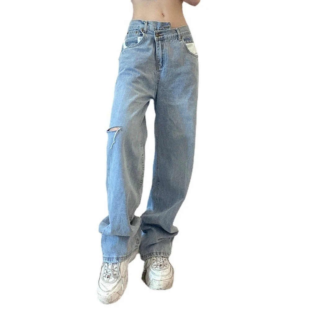 

Streetwear Asymmetric Straight High Waist Jeans Women Fashion Hole Denim Trousers Boyfriend Baggy Jeans Cool Jean New
