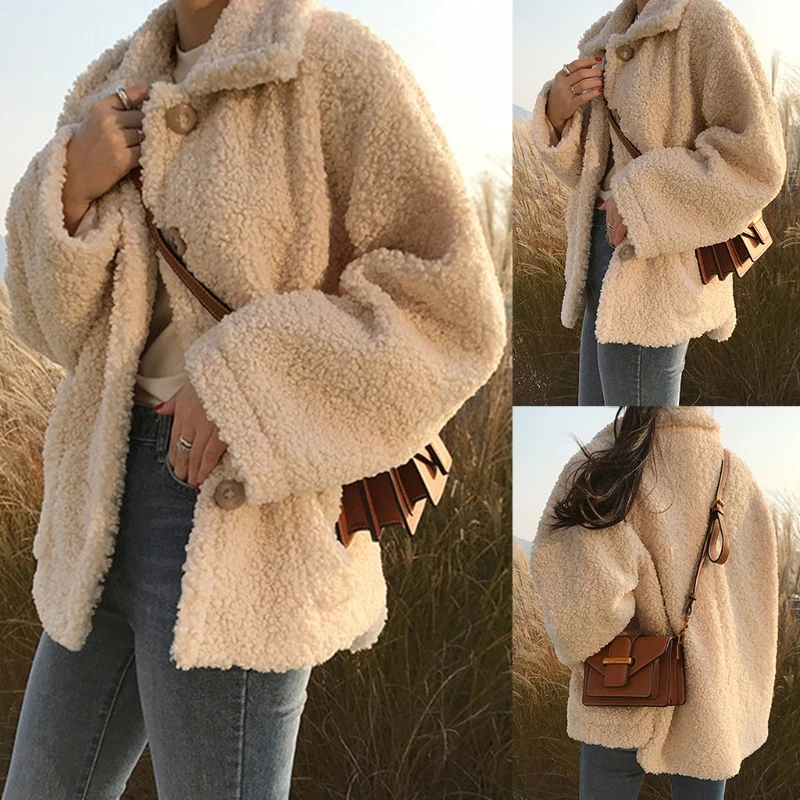 

Women Winter Faux Wool Lapel Jacket Long Sleeve Single Breasted Button Coat Solid Color Fuzzy Oversized Loose Outerwear