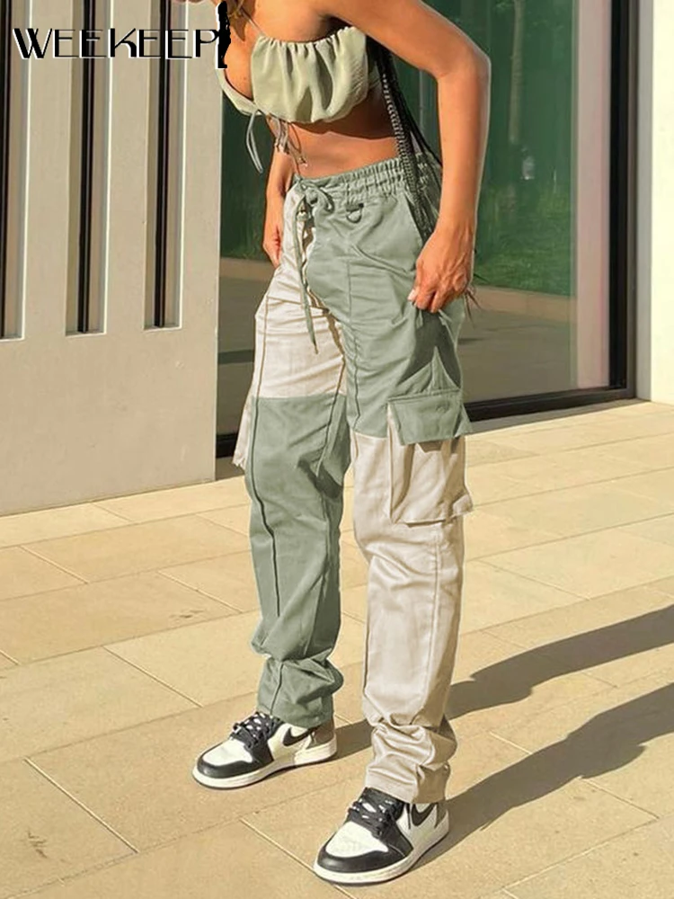 

Weekeep Fashion Contrast Cargo Pants Women Y2k Elastic High Waist Baggy Mom Trousers Patchwork Pockets Streetwear Jogging Capris