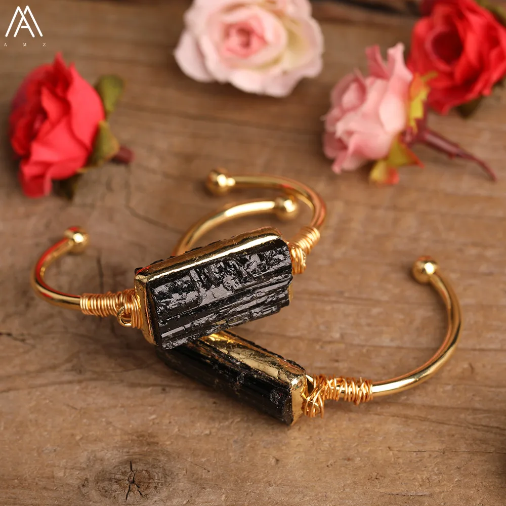 

Delicate Gold Bracelets Boho Jewelry Natural Black Turmaline Slab Beads Open Cuff Bangles Bracelets For Femme Women Jewelry Gift