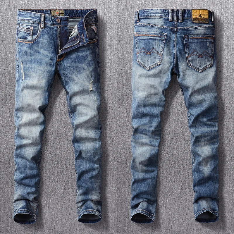 Pantalones vaqueros de estilo italiano para hombre, Jeans rasgados ajustados y elásticos de Retro Azul de alta calidad, Jeans informales de diseñador Vintage