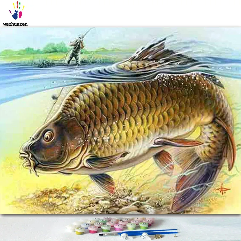 DIY картинки для раскраски по номерам с цветами изображение рыбака и рыбы