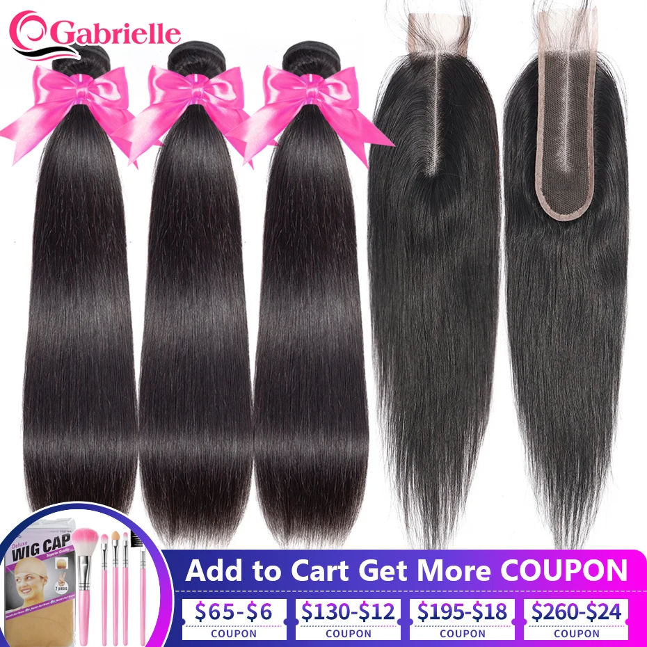 

Габриэль бразильские прямые человеческие волосы пряди с Закрытие естественного Цвет Волосы Remy 2x6 Кружева Закрытие фасон с тканым пряди