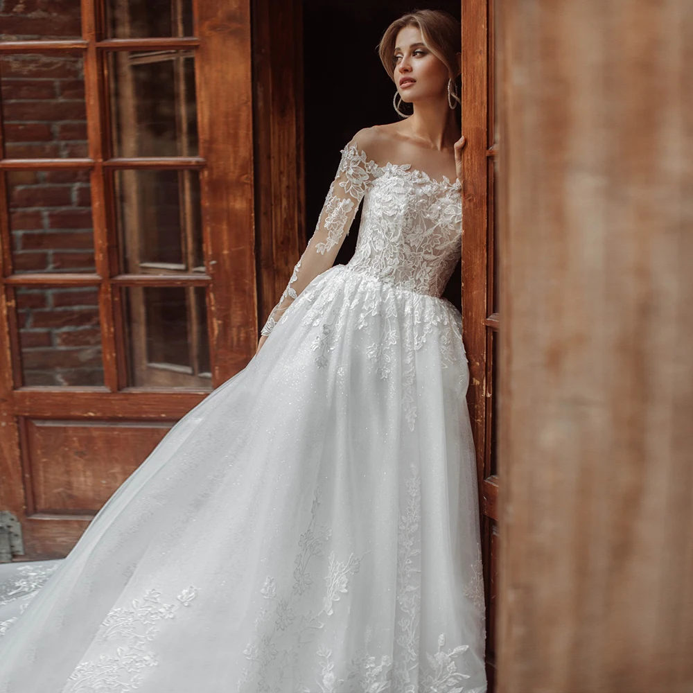 

Elegant Shinny Tulle Wedding Dress With Sequin Luxury Formal Bridal Gown For Bride Off Shoulder Long Sleeves Vestido De Novia