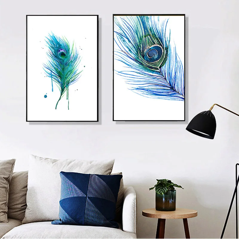 Абстрактный постер с акварельными павлиньими перьями минималистичный настенный