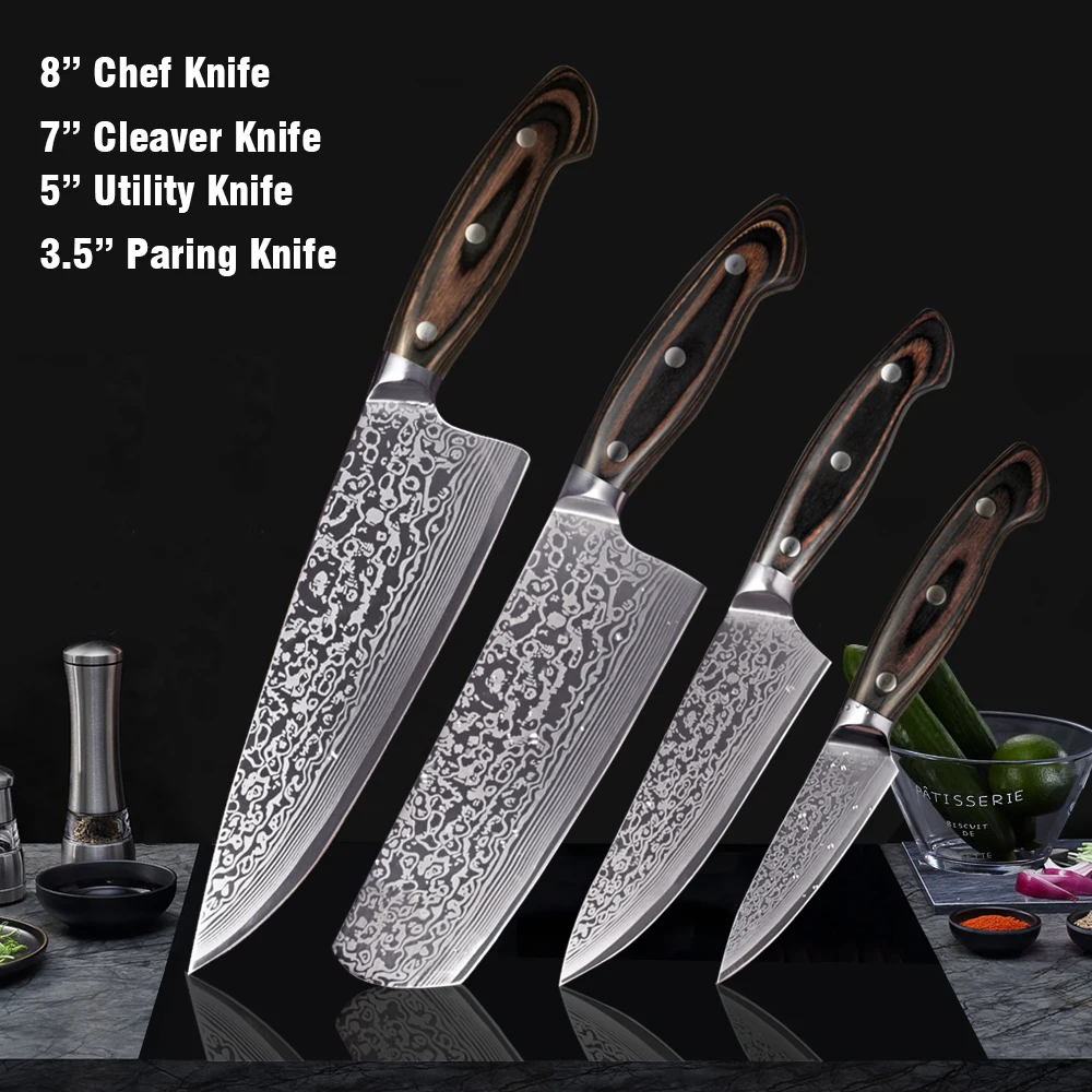 4pcs-1 FANGZUO 5 шт. набор кухонных ножей лезвия из нержавеющей стали Дамасские лазерные наборы шеф-ножей Santoku инструменты для приготовления пищи - Цвет: 4pcs-1