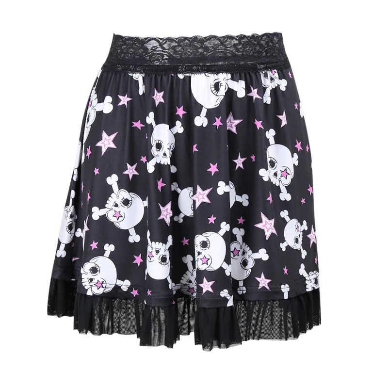 

InsGoth 2000s Goth Skull Print Black Skirt Vintage Lace Trim High Waist Mini Skirt Harajuku Streetwear A Line Pleated Skirts