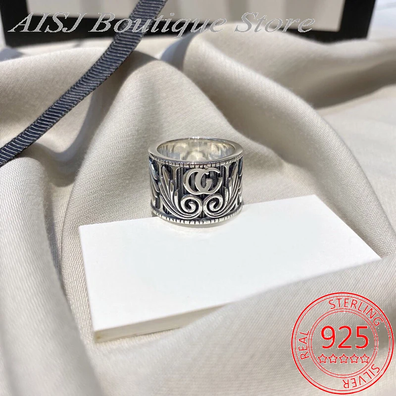 

G Ring Ag925 Sterling Silver Angel Wings Ring Wide Version Exquisite Vintage Engraving Pattern European And American Couple Ring
