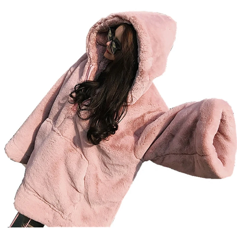 Женское теплое меховое пальто с капюшоном повседневное однотонное средней длины