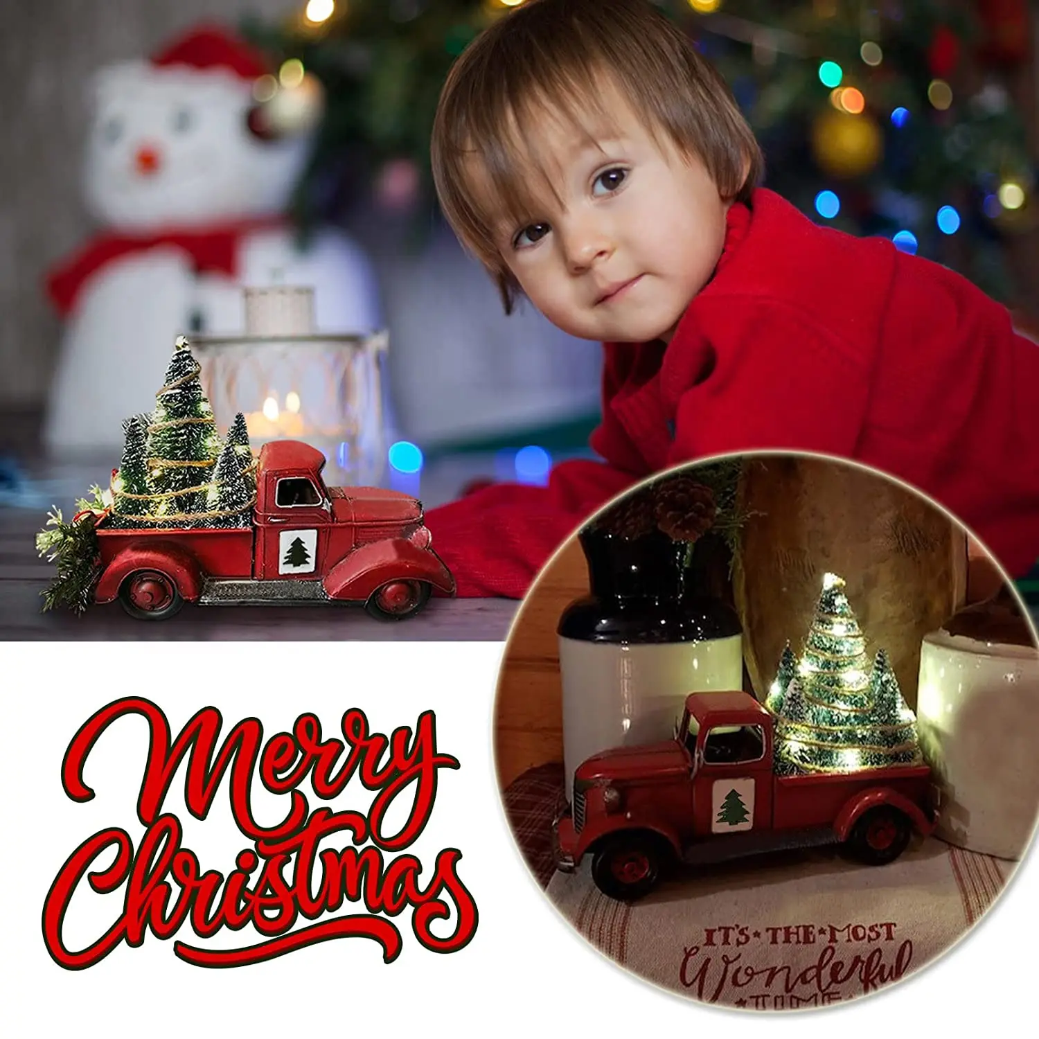 

Christmas Farmhouse Red Truck Decor LED Vintage Red Metal Pickup Truck Car Model with Mini Christmas Trees Ornaments Xmas Gift