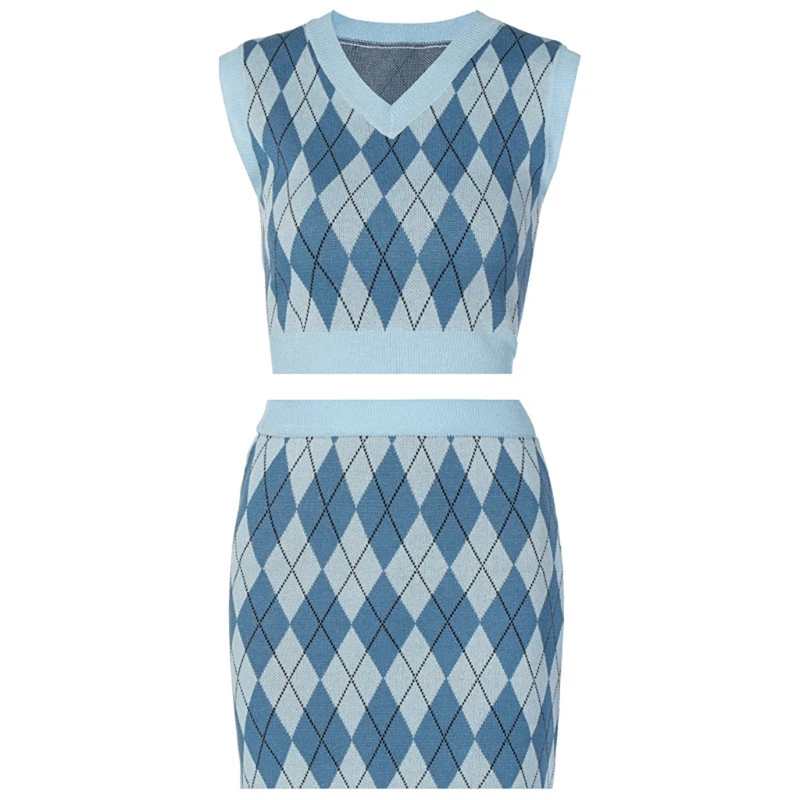 

Women Knitted Plaid Sweater Outfit Sexy Sleeveless V-Neck Tank Top Bodycon Skirt M5TE