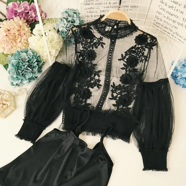 

Spring Women Tops Fashion Sexy Sheer Lace Blouse Lantern Sleeve 3D Floral Blouses Shirts Elegant Top Blusas Femininas