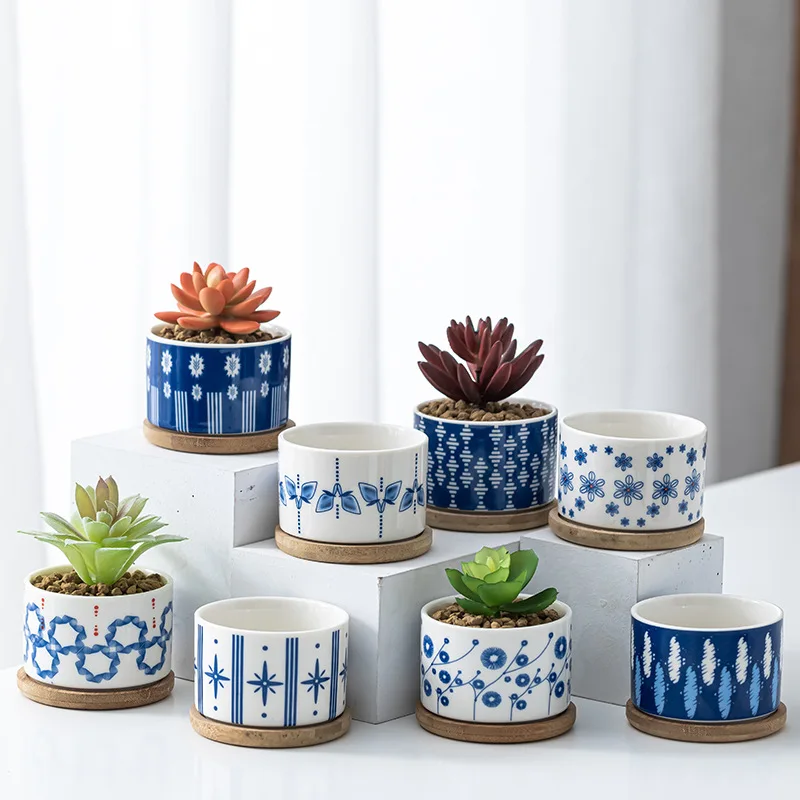 

Succulents Potted Ceramic Flower Pot No Bamboo Wood Tray Countertop Decoration Irregular Pattern Vase Flower Pot Home Decoration