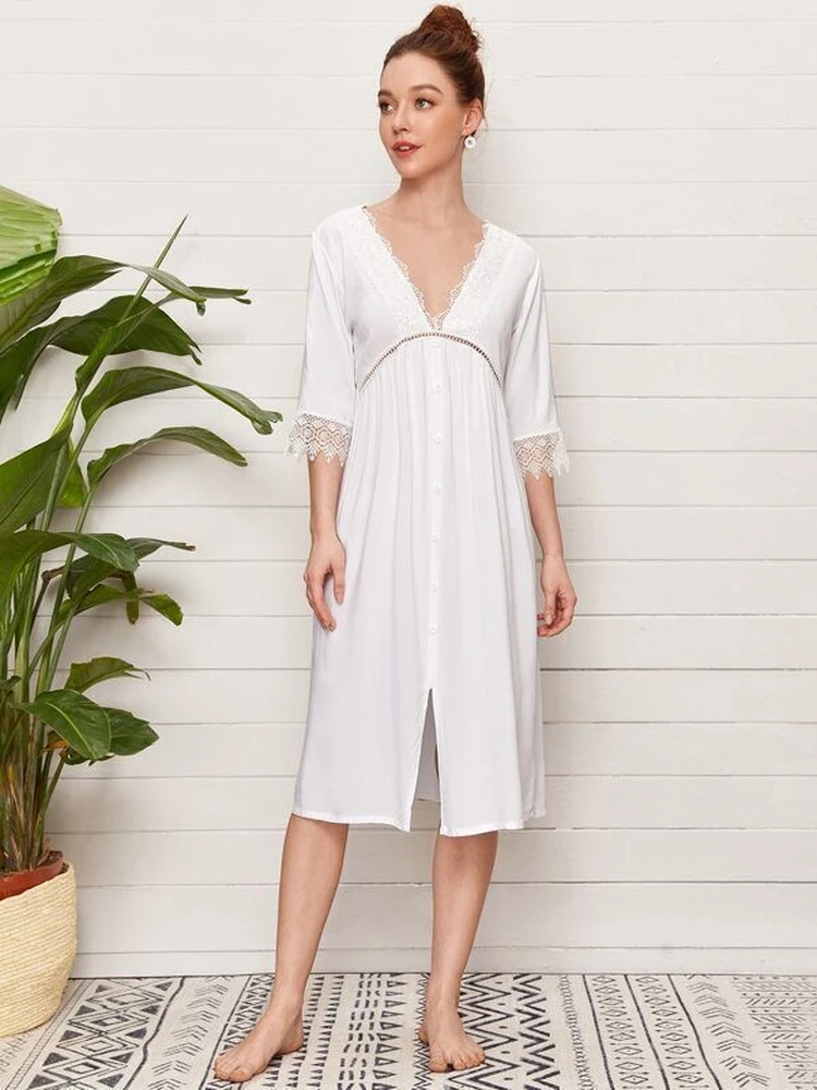 

Spring And Summer Nightdress Female Fairy Style Long Retro Loose Palace Pyjamas White Sexy Cotton Princess Home Service Nighties