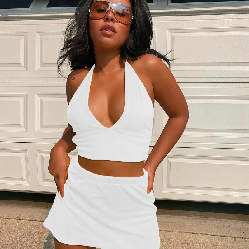 

European and American women's 2021 spring new solid color V-neck vest lace-up halter short skirt suit tracksuit women