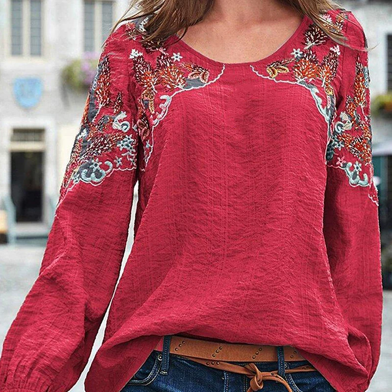 

Vintage Embroidered Blouse Autumn Long Sleeve Cotton Linen Shirts Female O-Neck Blusas Casaul Femininas Tunic Daily Tops Mujer
