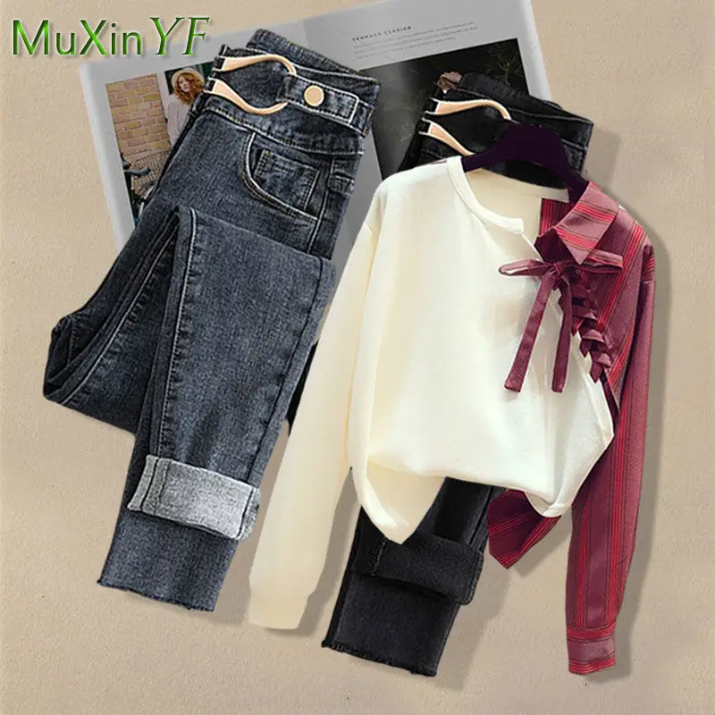 

Autumn Pants Suit Women 2021 New Bow-knot Shirt Top All-match Jeans Two-piece Korean Fashion Elegant Blouse Denim Trousers Set
