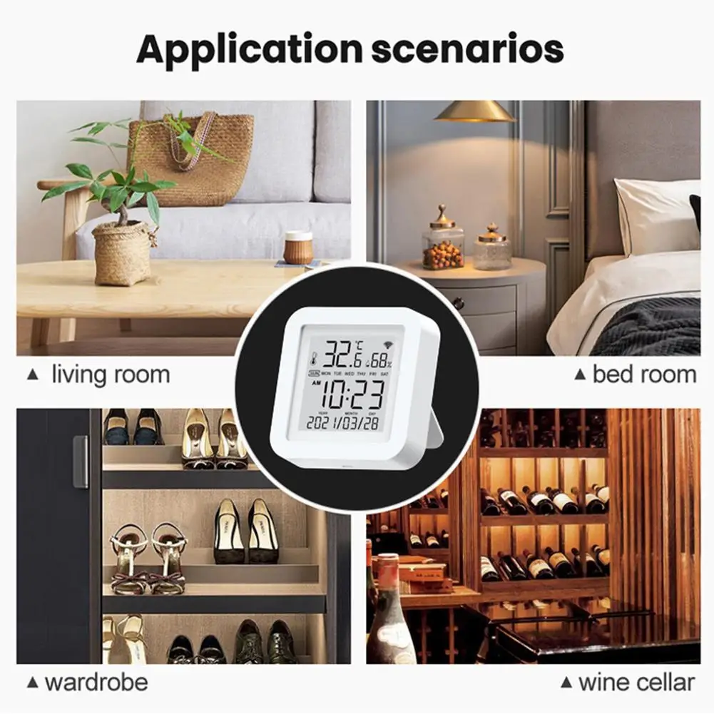 

WIFI Temperature Humidity Sensor Tuya Smart Digital Thermometer Hygrometer Time Date LCD Screen Detector Smart Home Desk Clock
