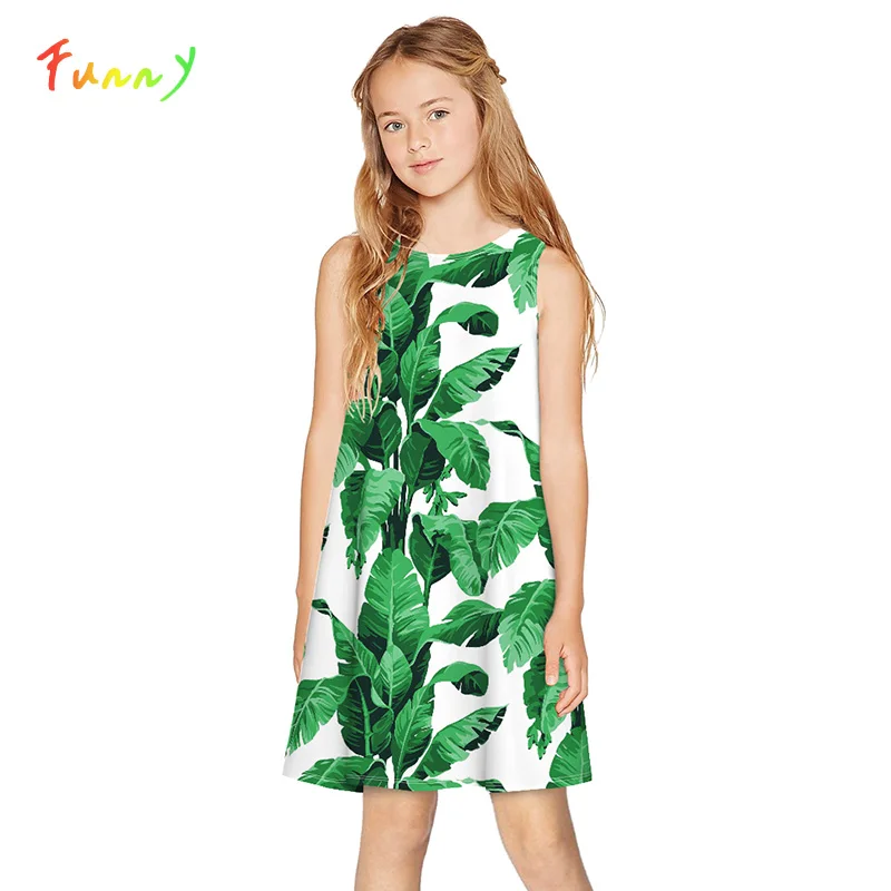 платья для девочек Платье с принтом зеленых листьев летние милые детские без