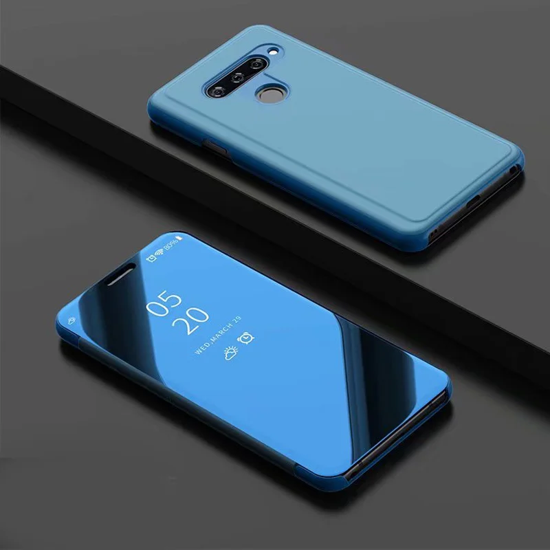 Роскошный зеркальный флип-чехол, кожаный чехол, чехол для телефона LG V40 V30 V50 G8 Q60 k50 - Цвет: Небесно-голубой
