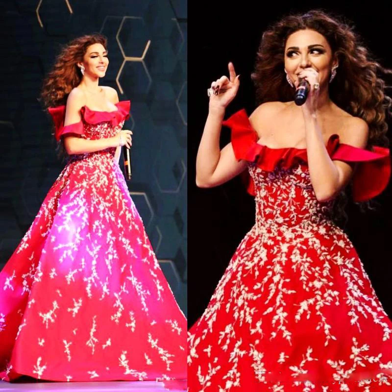 

Myriam Fares Red Prom Dresses Sexy Off The Shoulder Evening Gowns Appliques A Line Party Dress Arabic Women Formal Wear