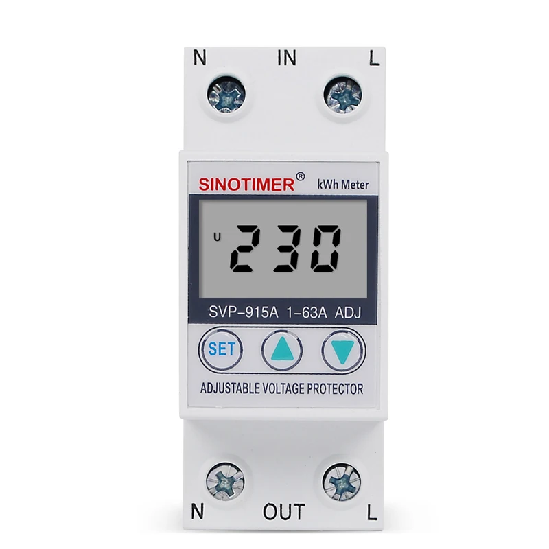 63A 220V din-рейка Регулируемый предохранитель напряжения Реле тока предельная защита с ваттметром кВт/ч счетчик энергии Потребляемая мощность