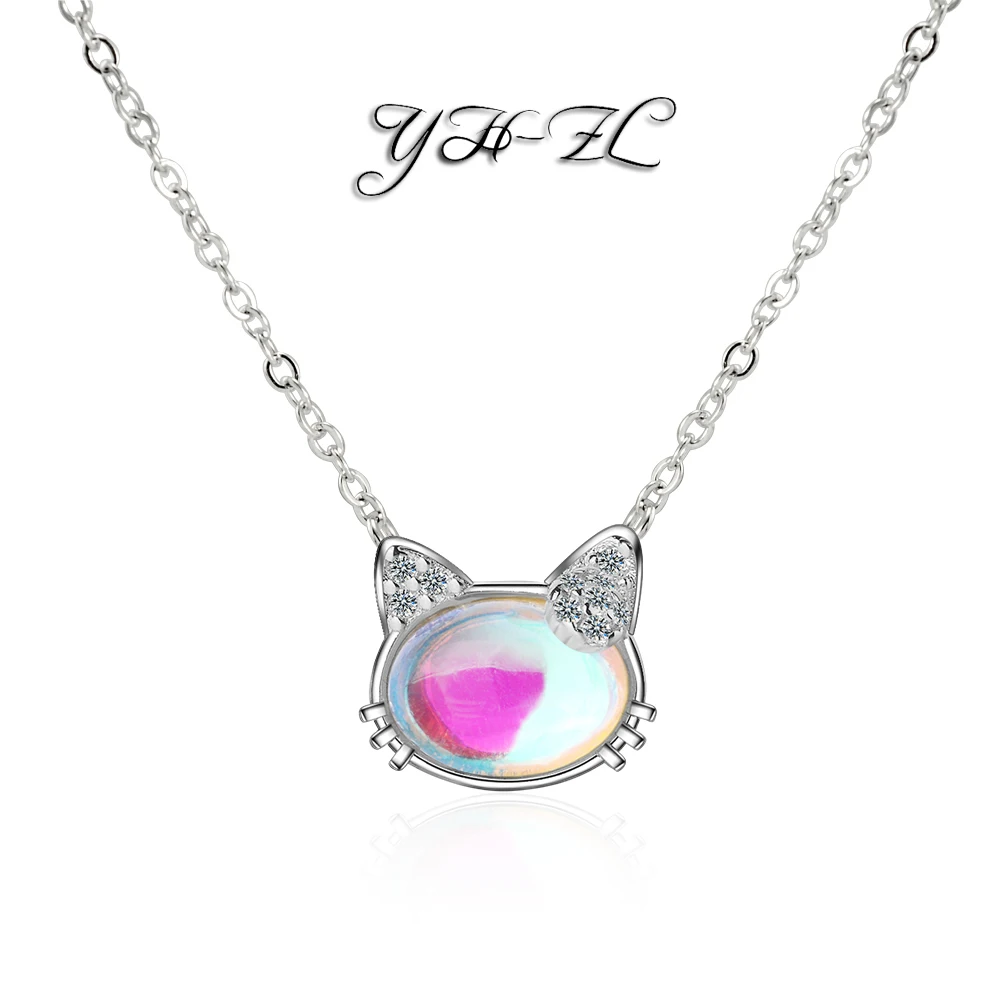 

YH-ZL 925 Sterling Silver Pink Moon Light Stone Cat Pendant Neckace For Women Gift 43cm Chain collares kolye