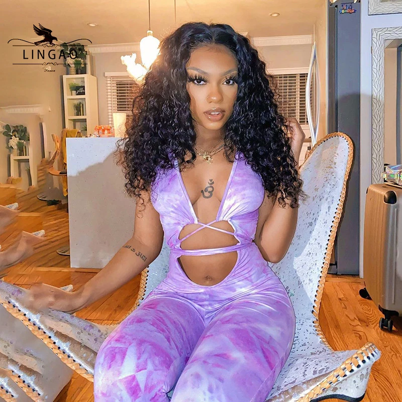 

Wrap Chest Bandage Tie Dye Hollow Out Rompers Women's Jumpsuit Fitness Sleeveless Push Up Bodycon Party Jumpsuits Sexy Hot 2021