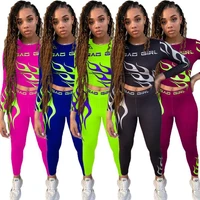 letter printed fitness two piece set women long sleeve crop top sporty legging casual activewear matching set tracksuits