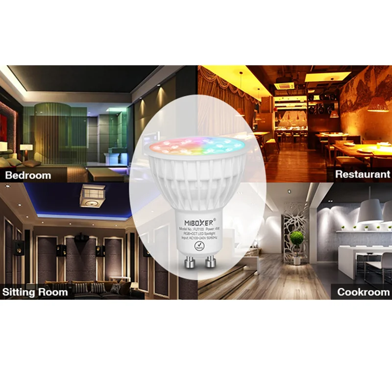 Продажа Miboxer FUT103 4 Вт GU10 RGB + CCT Светодиодный точечный светильник 2,4G светодиодная лампочка беспроводной дистанционный светодиодный светильник для сп...