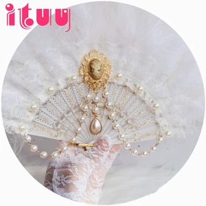 Жемчужные белые перья Винтажный Золотой штампованный складной веер Лолита Харадзюку Готический Ретро стиль портативный веер подарки