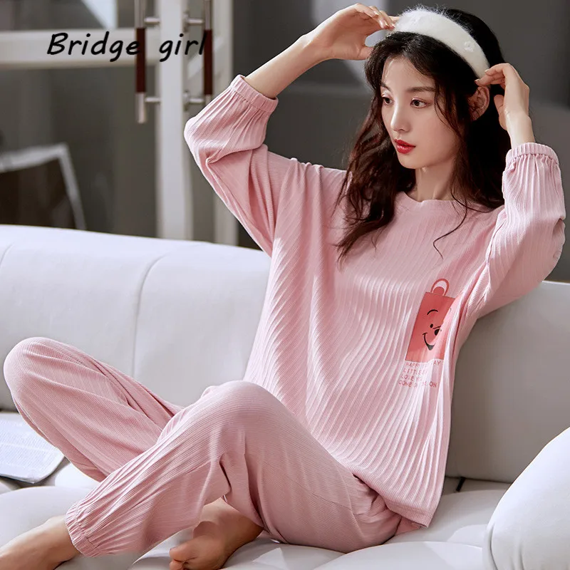 

Spring Autumn Pajamas Women Cotton Korean Pink Long Sleeve Thin Sleepwear For Women Lively Cute Girls Soft Loose Home Clothes