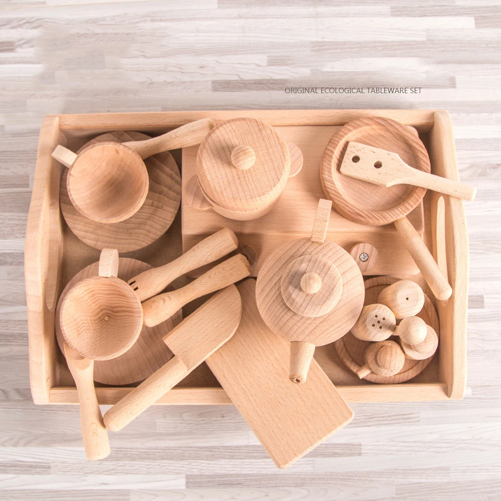

Wood-colored Western-style Children's Simulated Kitchenware Tableware, Playing Pots And Pans, Cutting Wooden Educational Toys