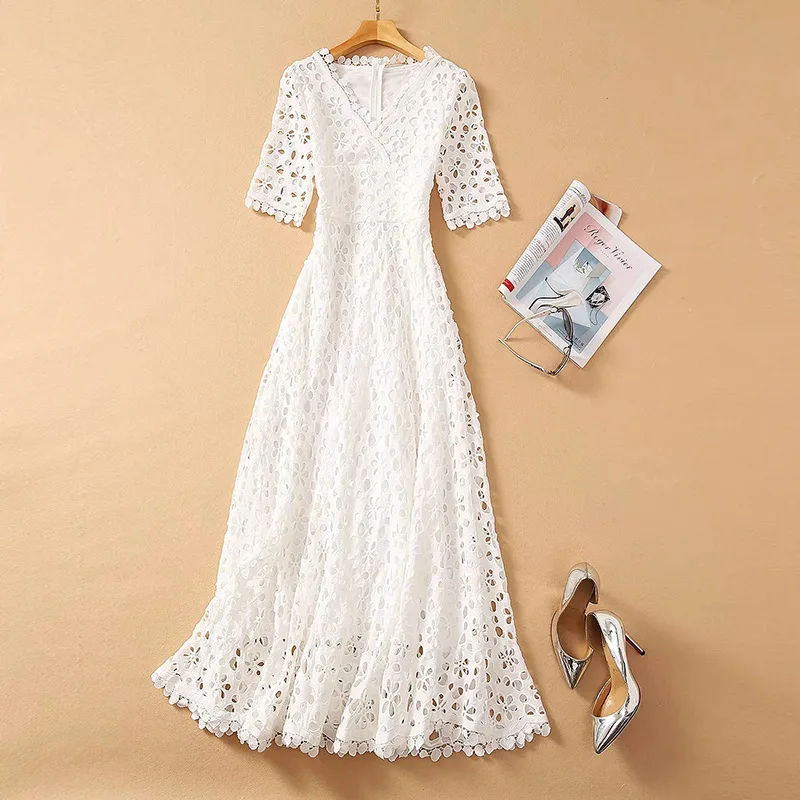 

2021 Long Dress Spring Summer Dress Short Sleeve Empire V Neck Flora Print Fashion Dress Mesh White