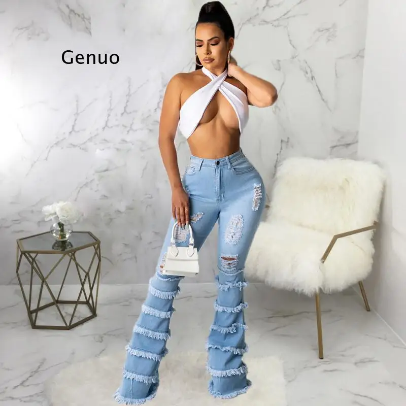 Light Blue Women for Ripped Jeans Ladies Wei La High Waist Splicing Elasticity Flare Washed Pants Vintage Jeans 2021
