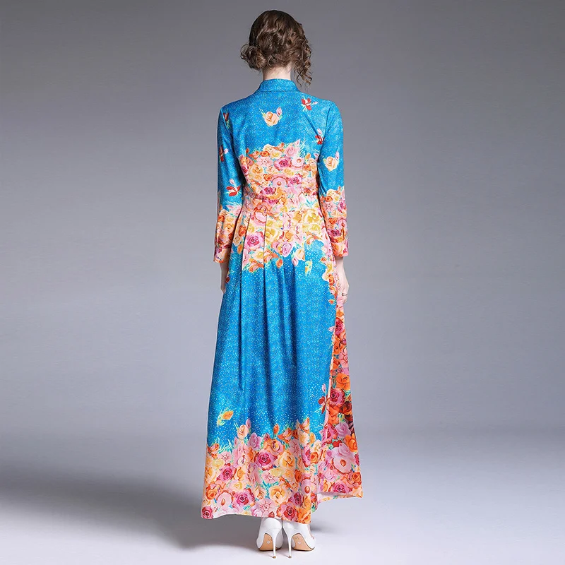 

Runway Designer Maxi Dress Women 2019 Robe Longue Femme Summer Dress Shirt Work Casual Beauty Printing Long Sleeve Long Dresses