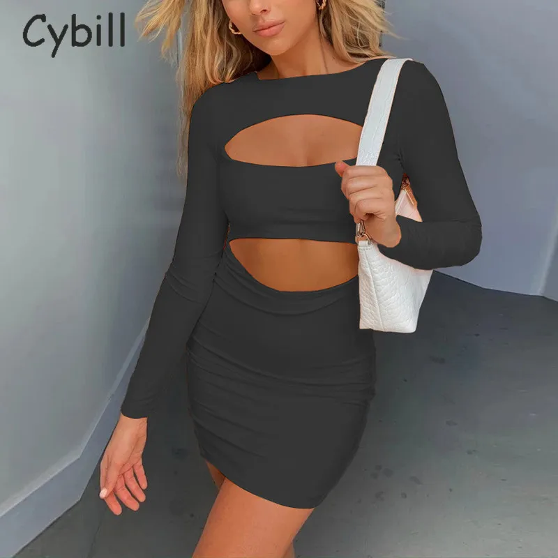 

Cybill Long Sleeve Hollow Out Autumn Mini Dress Pure High Waist Sexy Short Bodycon Dress Skinny Black Club Party Dresses